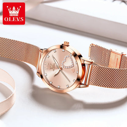 OLEVS 5189 Quartz Watch for Women Diamond Love Heart Design Fashion Elegant Rose Gold Mesh Steel Strap Waterproof Ladies Watches