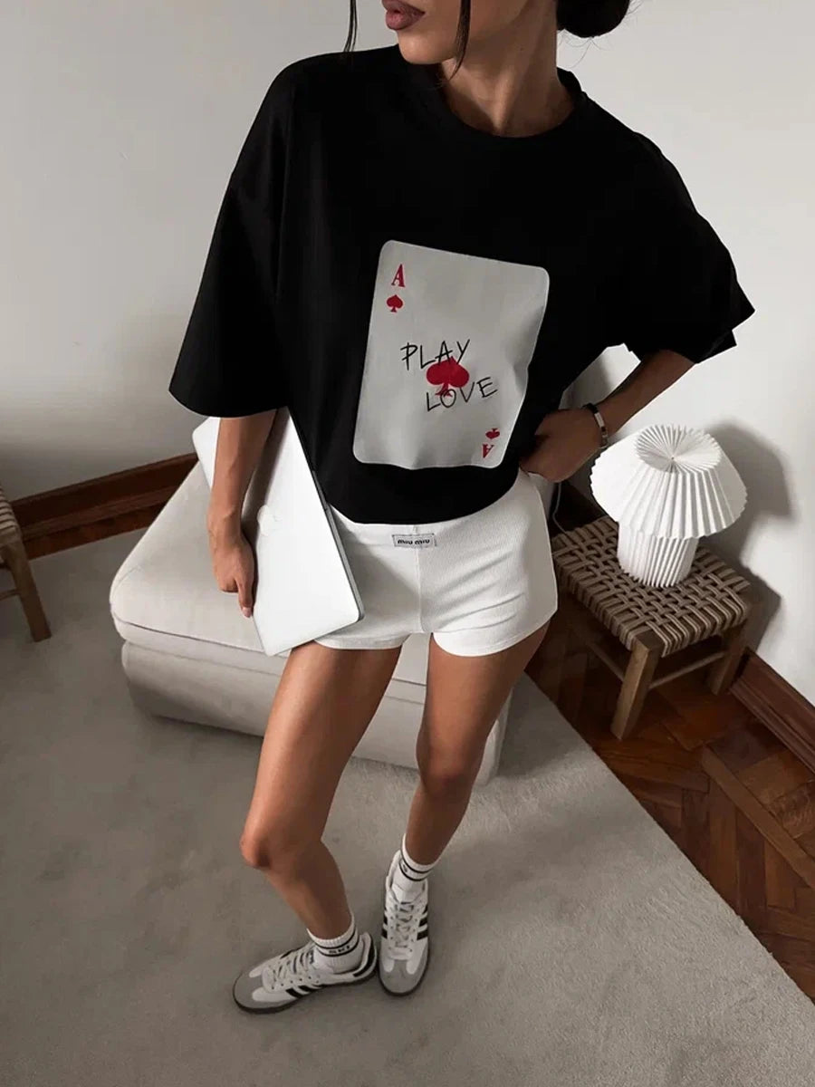 Bornladies 100% Cotton Poker Card Printed T-Shirt Women's Fashionable O-Neck Loose Short Sleeved Female Summer New Casual Top