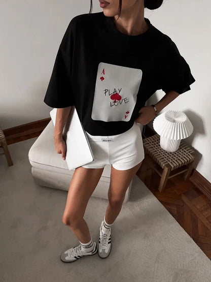Bornladies 100% Cotton Poker Card Printed T-Shirt Women's Fashionable O-Neck Loose Short Sleeved Female Summer New Casual Top
