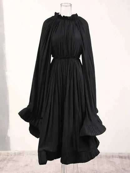 IEQJ Elegant Big Swing Irregular Ruffles Party Maxi Dresses For Women Cloak Sleeves Spliced Lace Up Pleated Dress 2025 New