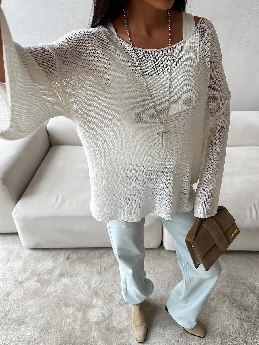 Bornladies Simple Solid Color Long Sleeved Sweater Women's Spring Knitted Hollow Top Loose Versatile Casual Sweater Pullovers