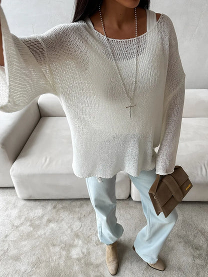 Bornladies Simple Solid Color Long Sleeved Sweater Women's Spring Knitted Hollow Top Loose Versatile Casual Sweater Pullovers