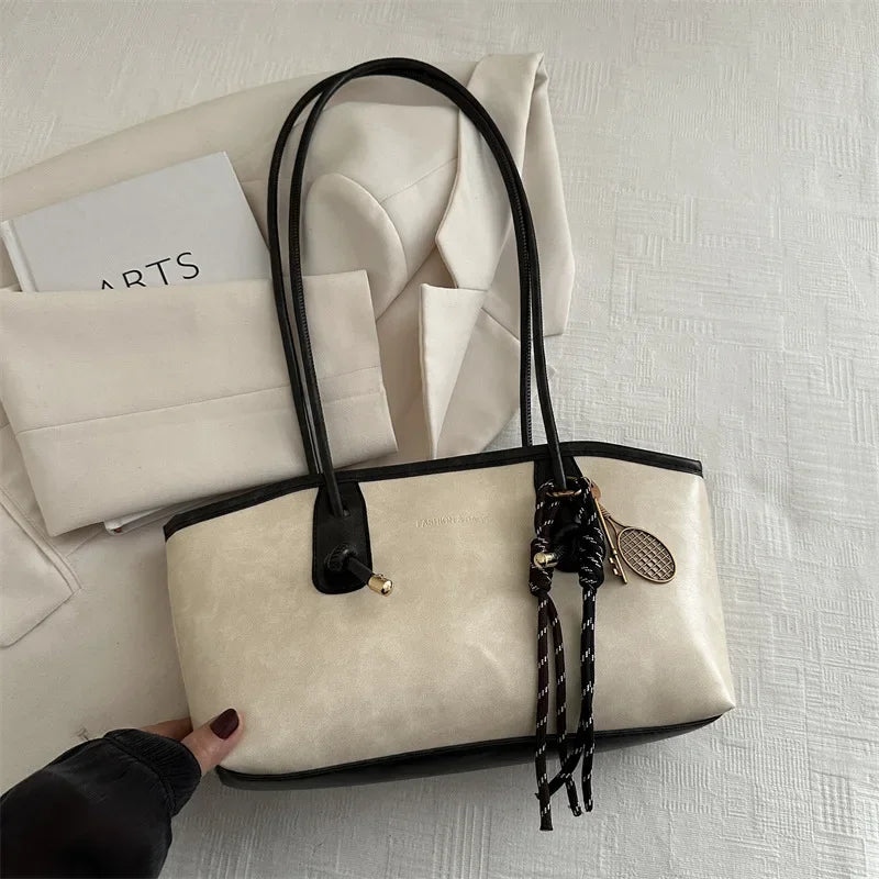 European American Retro Tote Bag, Korean Fashion Shoulder Bags Advanced Simple Handbag New Large Capacity Pendant Versatile Bags