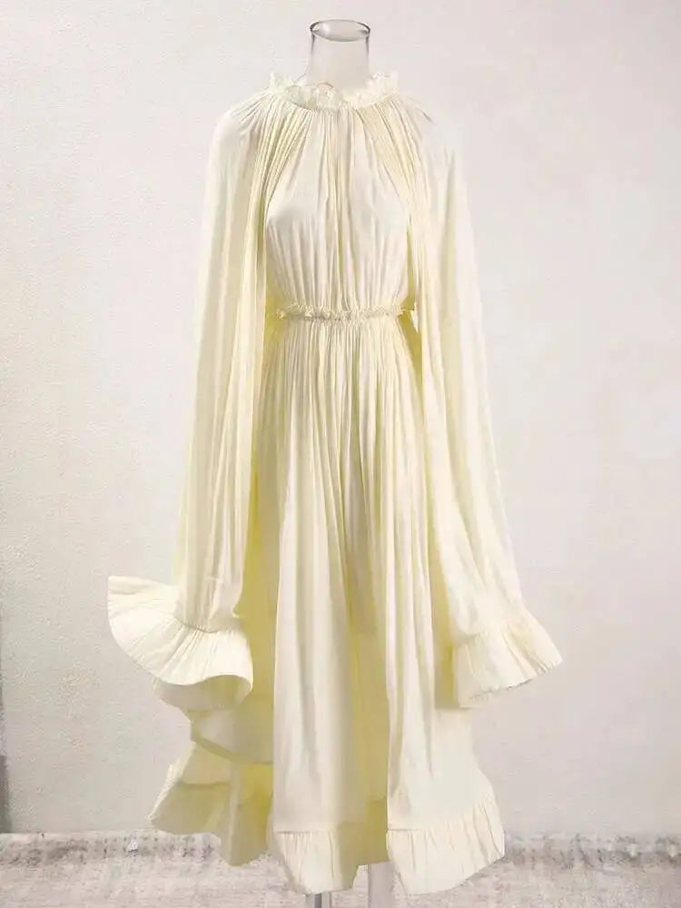 IEQJ Elegant Big Swing Irregular Ruffles Party Maxi Dresses For Women Cloak Sleeves Spliced Lace Up Pleated Dress 2025 New