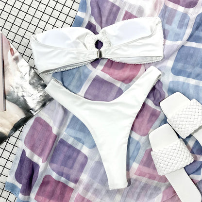 Wrinkled Bandeau High Cut Bikini Women Swimwear Female Swimsuit Two-pieces Bikini set Strapless Bather Bathing Suit Swim V3367