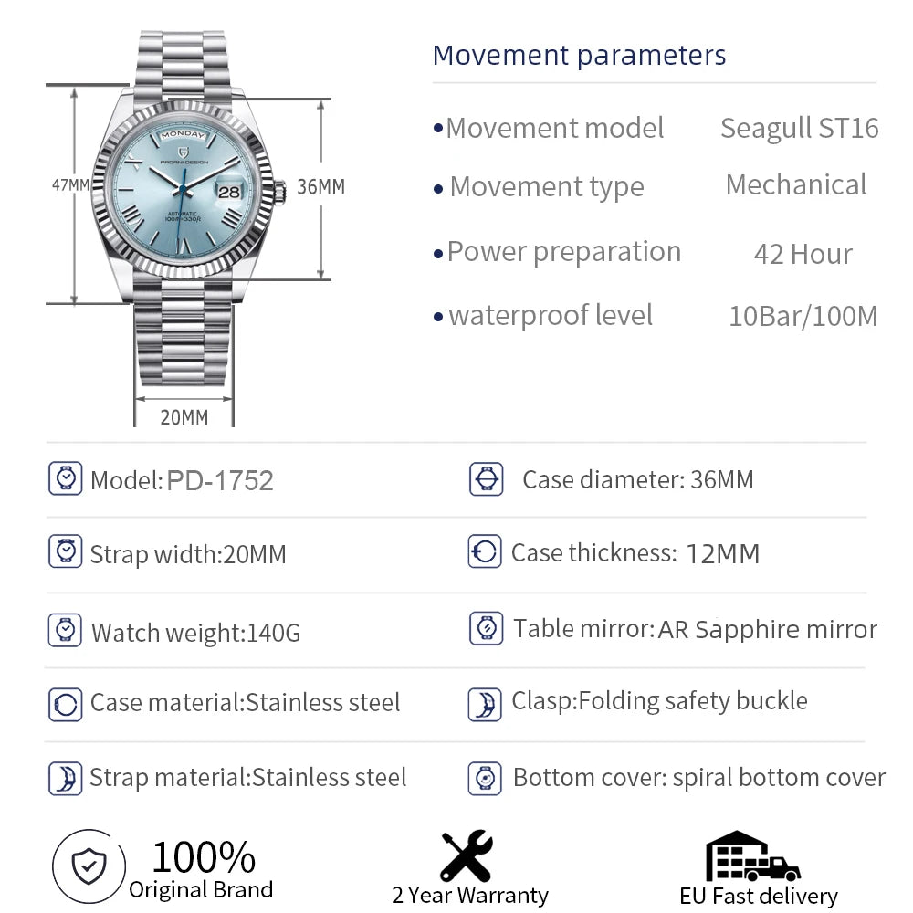 PAGANI DESIGN 2025 New DD36 Men's Watches Luxury Automatic Watch Men AR Sapphire Glass Mechanical Wristwatch Men ST16 Movt Clock