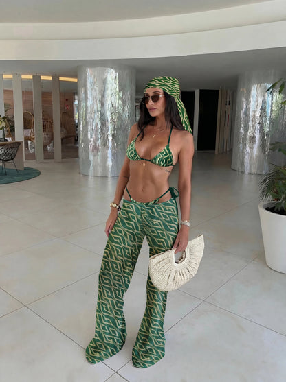 2026 New Stripe Print 3 Pieces Bikinis Sets Mesh Pants Knitted Hollow Out Beachwear Sexy Women's Swimsuit Cover-ups Beach Wear