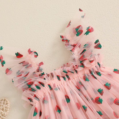 MISOWMNJOY Summer Baby Girls Chiffon Dresses Princess Sleeveless Clover Strawberry Print A-line Dress Mesh Tulle Kids Sundress