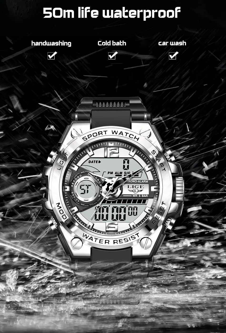 LIGE Men Military Watch Digital 50m Waterproof Wristwatch LED Quartz Clock Sport Watch Male Big Watches Men Relogios Masculino
