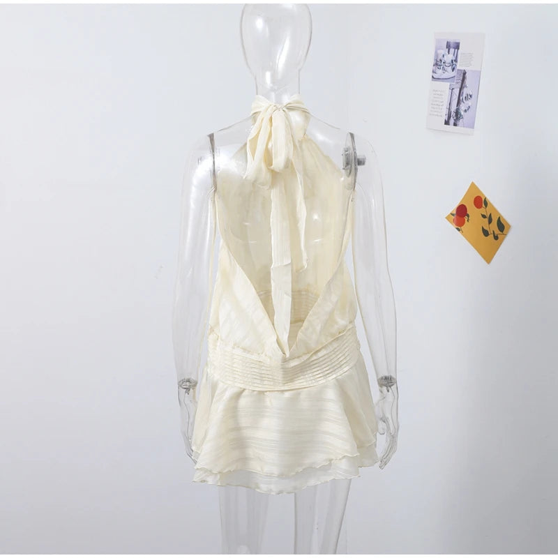 Sexy Halter Ruffles Mini Dress Women Lace Up Sleeveless Backless Beach Party Dresses 2026 Summer Fashion Vacation Lady Robe