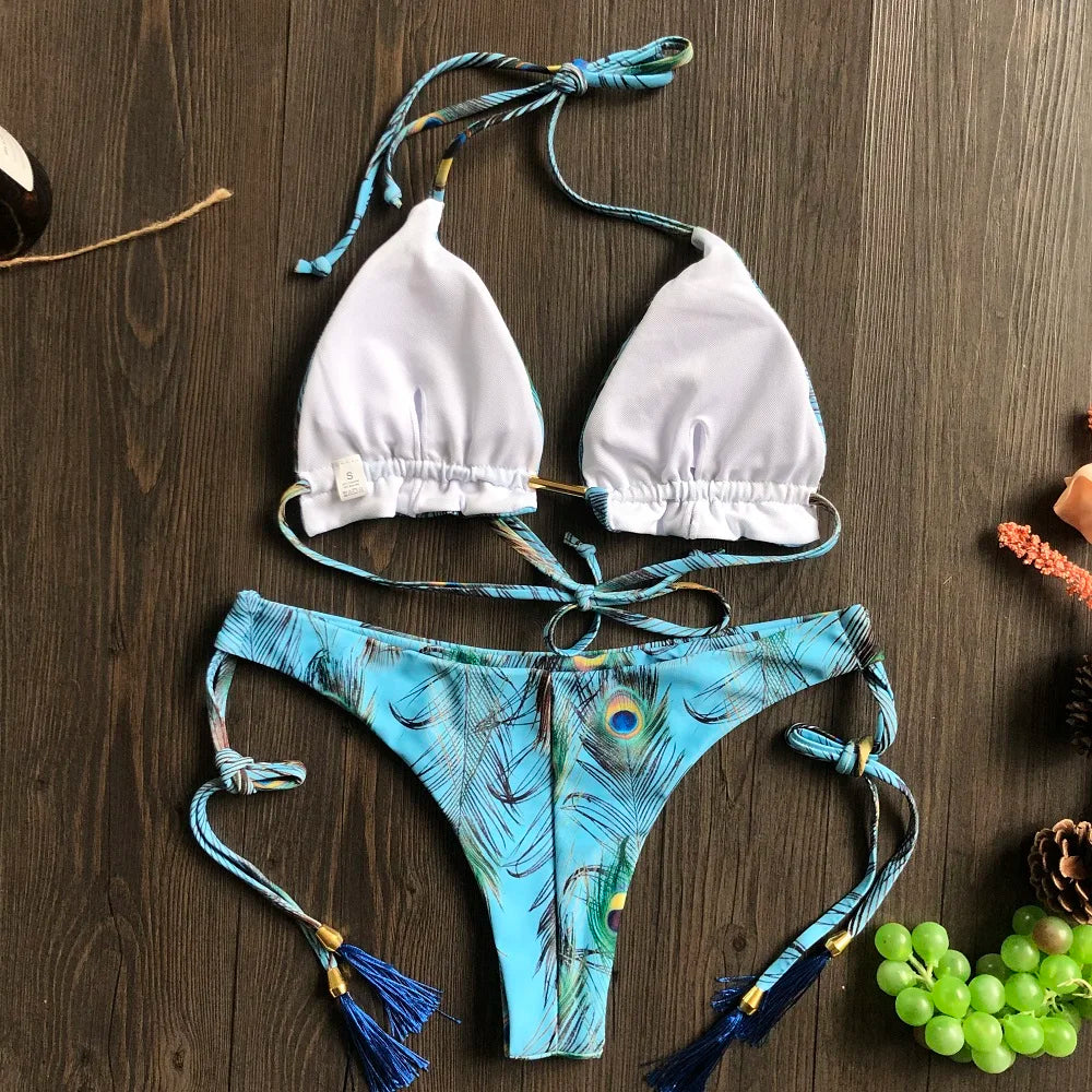 RUOTONGSEPT Sexy Micro Bikinis Set 2022 New Swimsuit Women Feather Print Bandage Swimwear Female Bathing Suit Brazilian Biquinis
