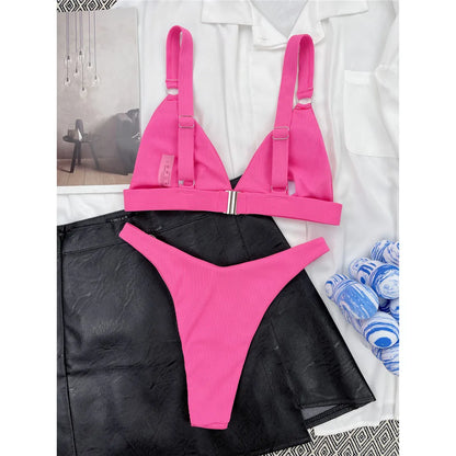 Sexy High Leg Cut Ribbed Bikini Women Swimwear Female Swimsuit Two-pieces Bikini set Padded Bather Bathing Suit Swim Lady V3255