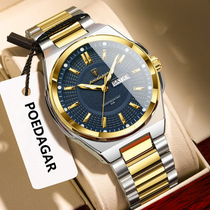 POEDAGAR Top Business Men's Watches Stainless Steel Waterproof Luminous Man Watch Date Week Quartz Casual Fashion Men Wristwatch