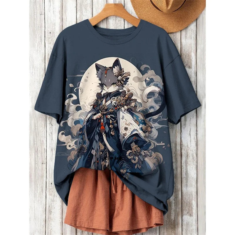 3D Printed Fashion Cat T Shirt For Women Japanese Cartoon Pattern Short Sleeves Summer Casual O-Neck Tops Tees Harajuku T-Shirts