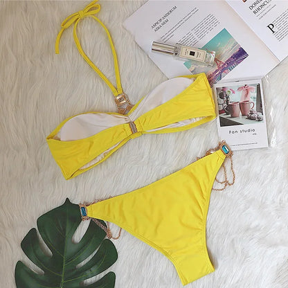 2026 Shiny Rhinestone Diamond Bikini Women Swimsuit Female Swimwear Two Pieces Bikini Set Halter Metal Chains Bathing Suit Swim