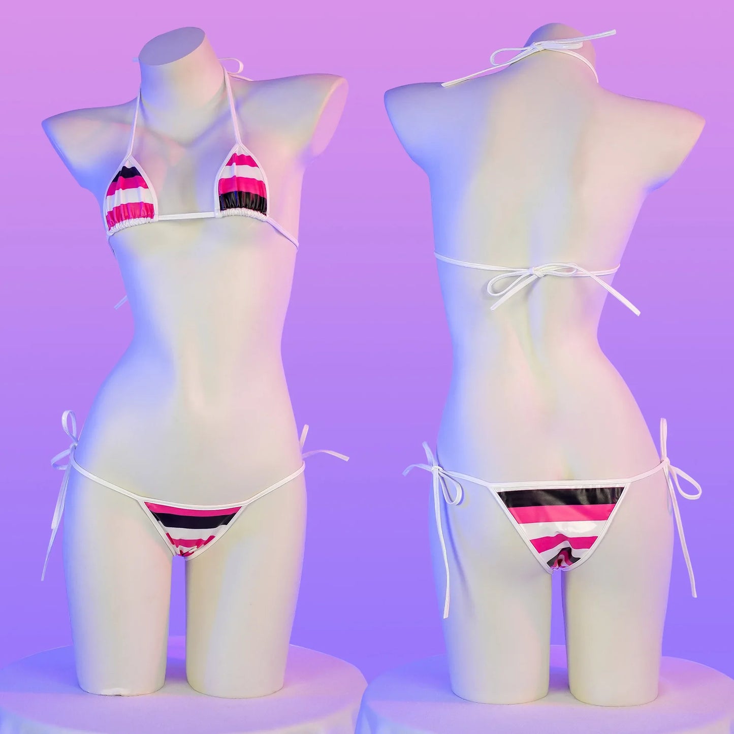 Summer PU Leather Micro Bikini Set Women Swimsuit Stripes Bright Anime Swimwear Erotic Underwear Sexy Lingerie Costume