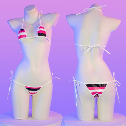 Summer PU Leather Micro Bikini Set Women Swimsuit Stripes Bright Anime Swimwear Erotic Underwear Sexy Lingerie Costume