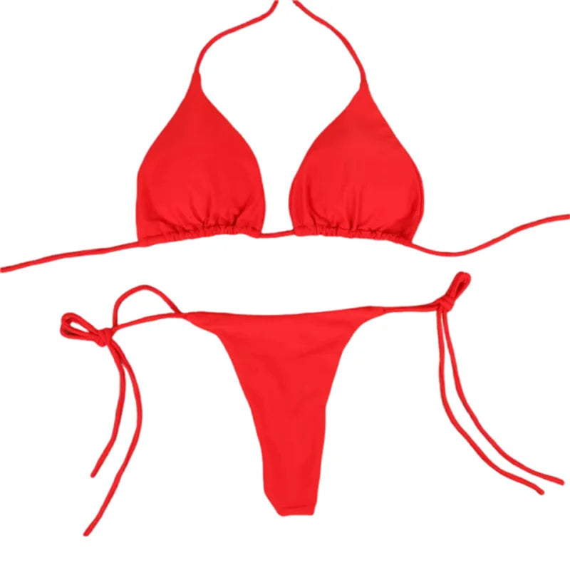 2025 Sexy Halter Solid color Bikini Set Women's Swimsuit Two-piece Triangle Thong Swimwear Bathing Suit for Beach Biquinis