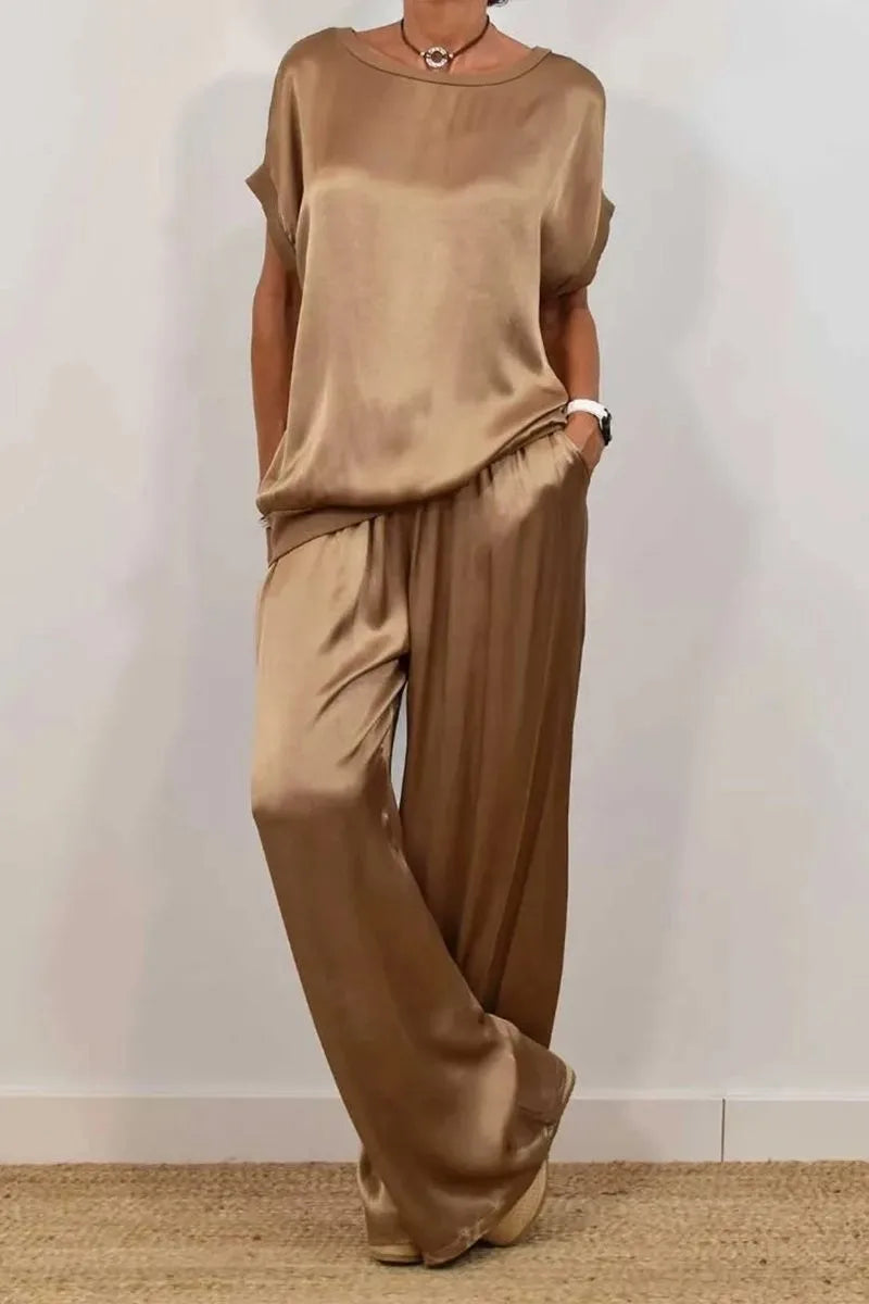 Casual Loose Satin T Shirt Pants Two Piece Sets Women Fashion O-neck Short Sleeve T Shirts Suit Spring Summer Wide Leg Pant Sets