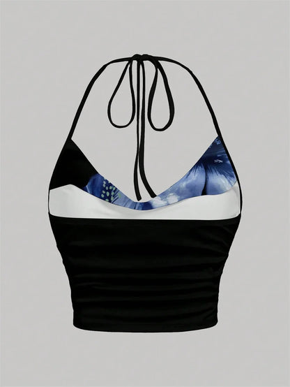 Tie-dye Floral Print Halter Top for Women Summer Y2K Clothes Sexy Backless Drape V-neck Crop Top Streetwear
