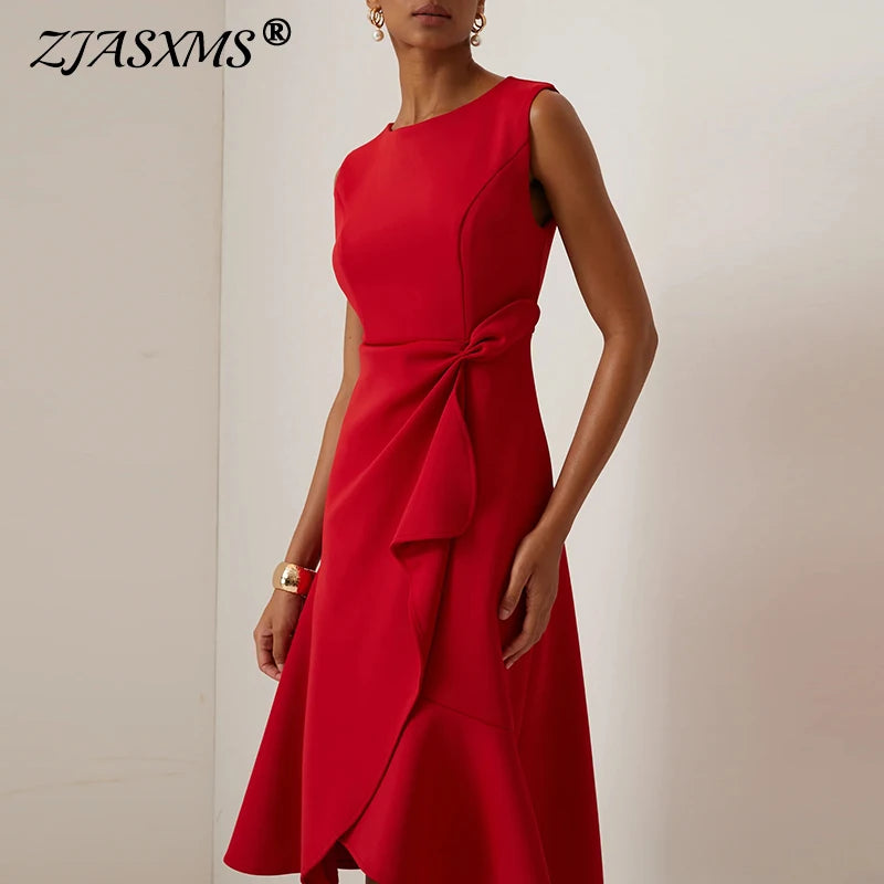 Women Crew Neck Ruffle Banquet Dress Elegant Spring Solid High Waist Slim Long Dress 2025 Summer Sleeveless A-Line Party Dresses