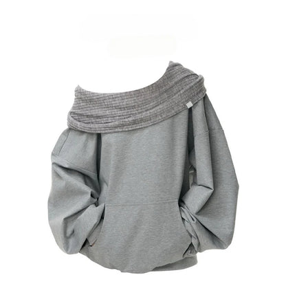 Knit Patchwork Sweatshirt Women Loose Casual Long Sleeve Sporty Top Spring Fall Chic Lazy Off Shoulder Harajuku Y2K Coat