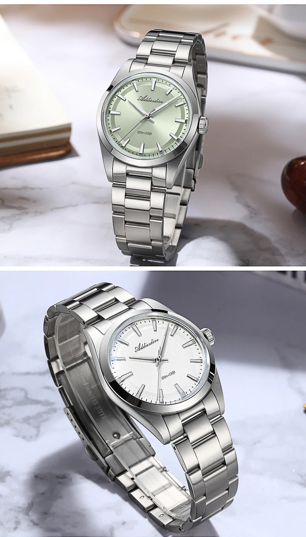 ADDIESDIVE Hot Sale AD2066 Mens Watch 36mm Bubble Mirror Glass Mint Green Quartz Watches Waterproof Luxury Stainless Steel Clock