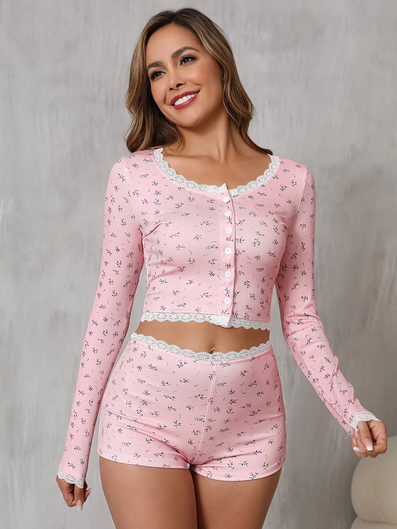 Women’s French Floral Lace Two Piece Set Long Sleeve Cardigan and Shorts Elegant Fashion Outfit Casual Chic Ladies Clothing