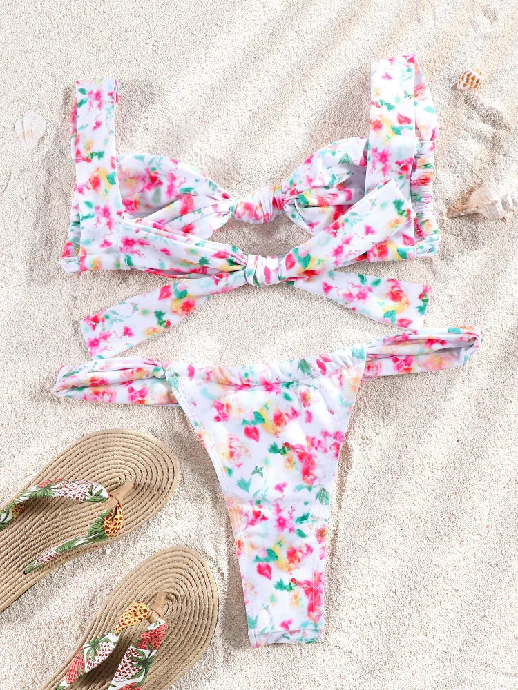 ZRTAK Push Up Bikinis Set Two Piece Suit Women Swimsuit 2025 Bathing Suit Sexy Bikini Swimwear Print Beachwear Tied Biquinis
