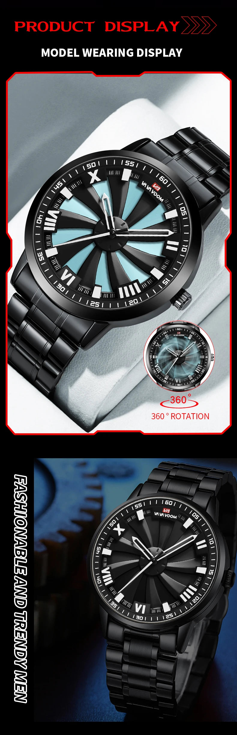 Sports Men Watch 43mm Red Rotating Dial Black Stainless Steel With Quartz Clock Simulation Car Hub 3Bar Daily Waterproof Watches