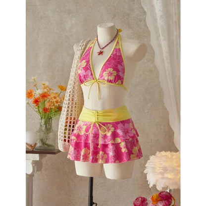 Elegant Floral Color Block Swimsuit Women Triangle Halter High-Waist Bikini Set Cover Up Skirt 2026 New Micro Bikini Three-Piece