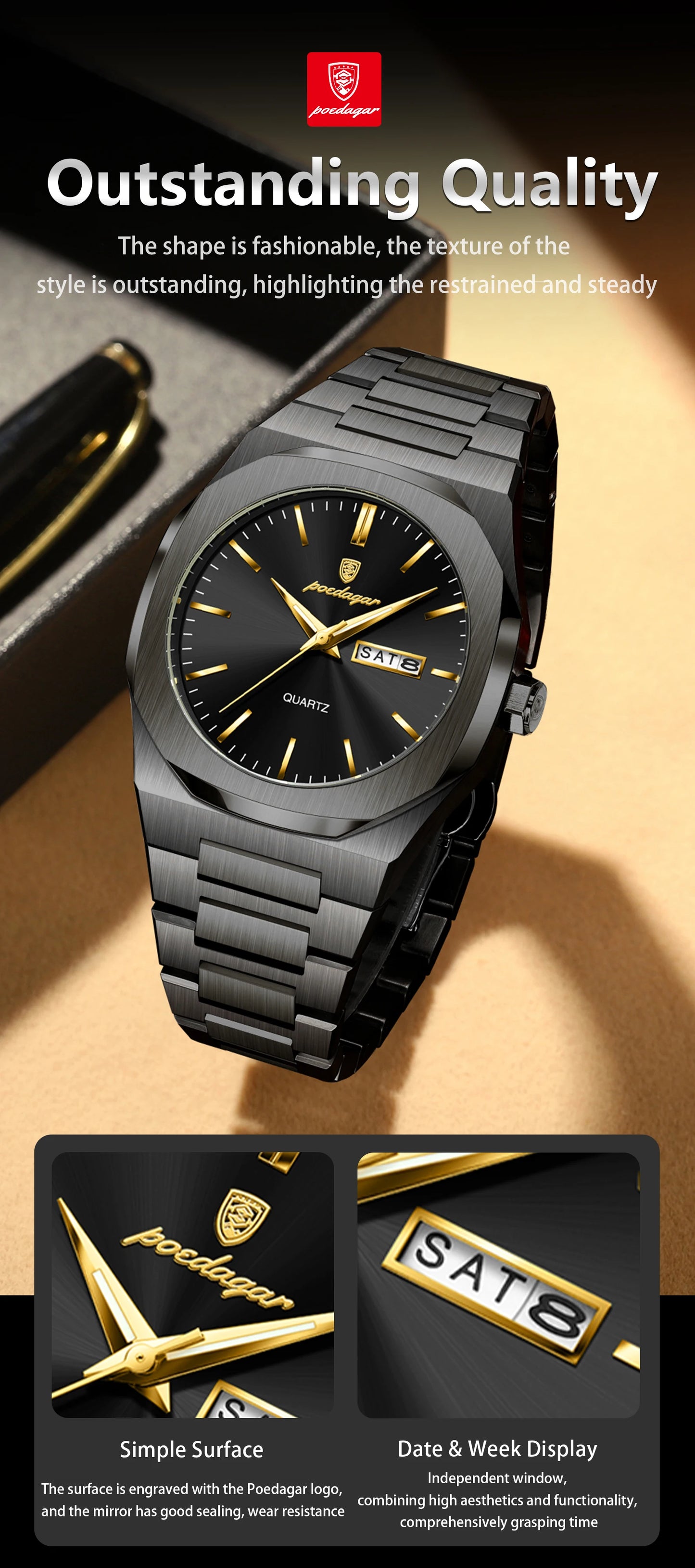 POEDAGAR Fashion Brand Man Clock Luminous Waterproof Stainless Steel Men's Watch Date Week Quartz Business Watches For Men Reloj