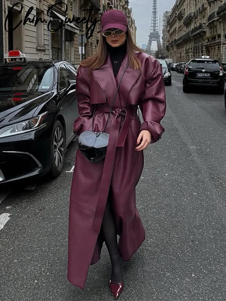 Street Pu Leather Women Long Coat Y2K Solid Belt Lapel Pocket Full Sleeve Female Jacket 2025 Autumn Winter Lady Outwear New