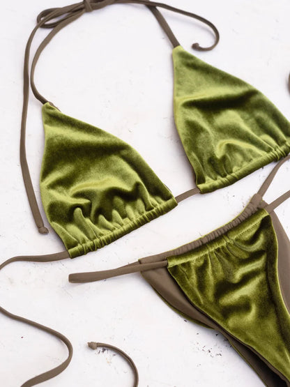 Sexy Velvet Swimsuit for Women, Micro Bikini Set, Thong Swim Suit, 2 Piece Bathing Suit for Ladies, Green String Bikini, 2022