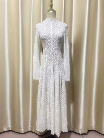 TWOTWINSTYLE Hollow Out Mesh Long Dress for Women Stand Collar Slimming Long Sleeve High Waist Chic Pleated Dresses Female New
