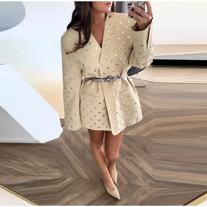 Rivet Fashion V-neck Balzer Coat Women Shoulder Pads Loose Fake Pocket Long Sleeve Jacket 2025 Spring Street Party Commute Tops