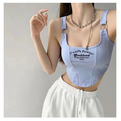 Fashion Embroid Letter Print Crop Tops Women Summer Sexy Streetwear Short Tops Suspenders Sports Tank Top Gym Solid Slim Vest