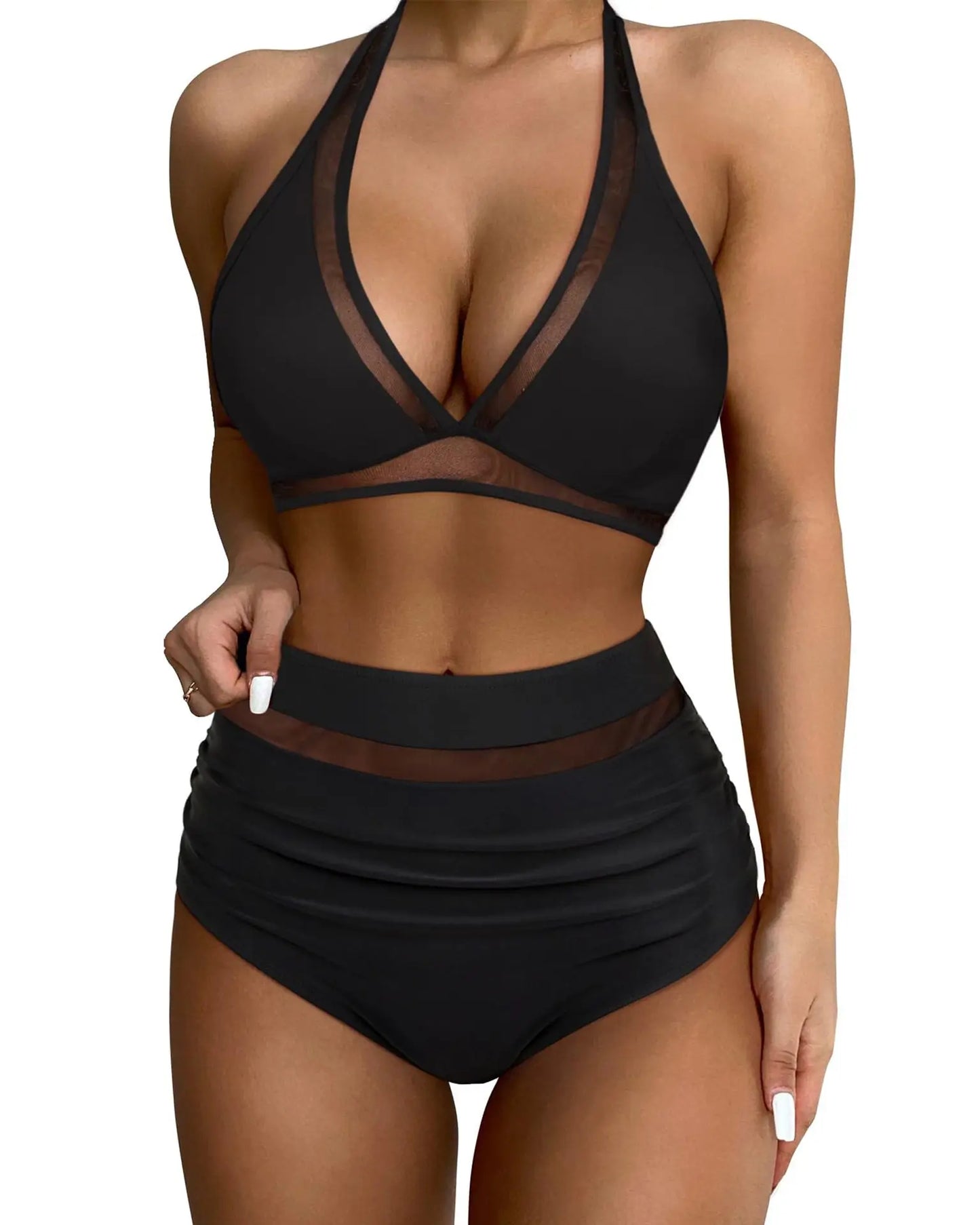 High Waist Bikini Set Sexy Push Up Swimsuit Women Black Beachwear Tummy Control Swimwear Adjustable Bathing Suit Bikinis 2024