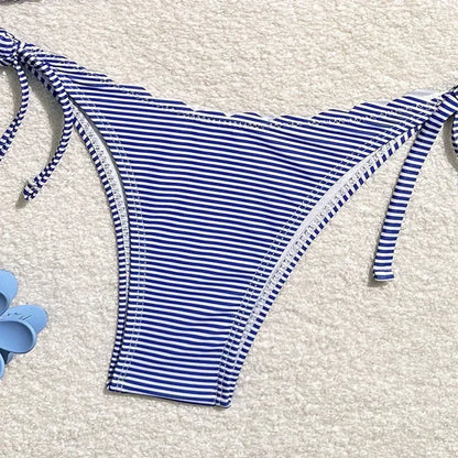 Blue Striped Print Swimwear Triangle Micro Bikini Set Mini Thong Sexy Swimsuit Women Halter String Bathing Suit Bikinis De Mujer
