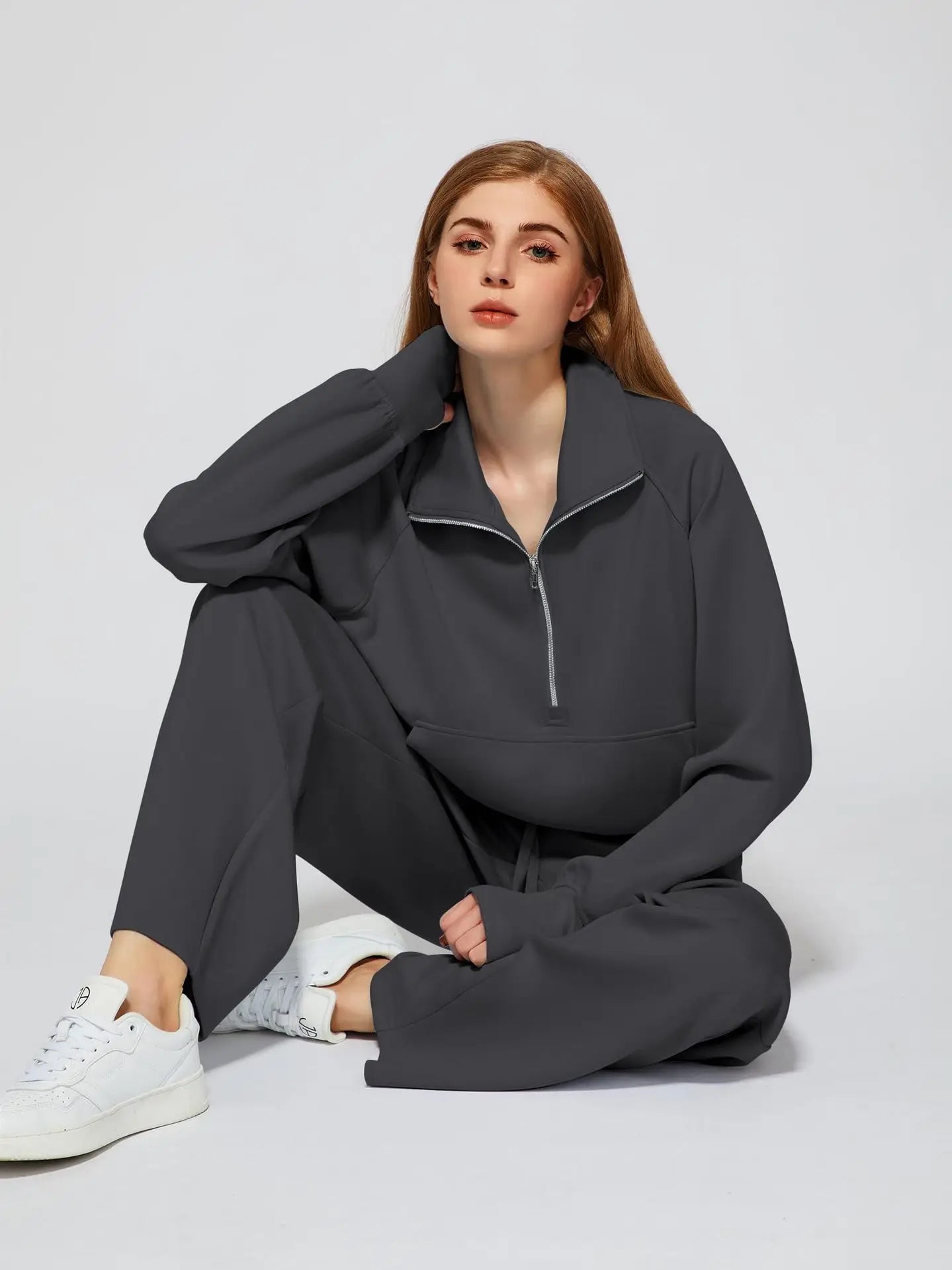 Woman Solid Color Half Zip Long Sleeve Sweatshirt and Wide Leg Pants Set Casual Sporty Two Piece Outfit