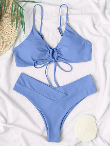 New High Elastic Bikini Set for 2025 Summer Two Pieces Solid Color Lace-up Sexy Women Swimsuit Beach Bathing Suit Swimwear