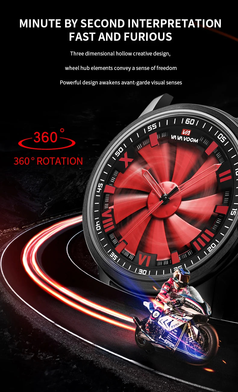 Sports Men Watch 43mm Red Rotating Dial Black Stainless Steel With Quartz Clock Simulation Car Hub 3Bar Daily Waterproof Watches