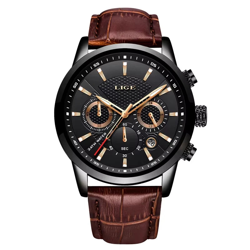 LIGE Mens Watches Luxury Waterproof Sport Man Watch Chronograph Military Genuine Leather Men Quartz Wristwatch Relogio Masculino
