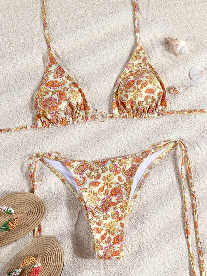 Sexy Bikinis Micro Thongs Swimsuit Women Bathing Suit Rings Biquini Bandage Beachwear Print Swimwear Sexy Bikini Sets With Chain
