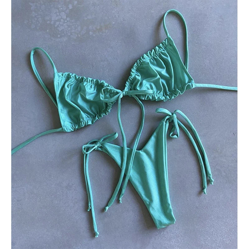 BIQIUYYI Brazilian Sexy Micro Mini Thong Bikini Set Summer Bandage Swimsuit Women Pleated Bathing Suit Beachwear Halter Biqiuni
