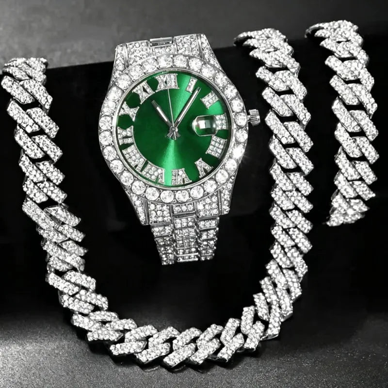 3/4PCS Hip Hop Iced Out Men's Watch Jewelry Set Luxury Rhinestone Quartz Wristwatch Cuban Link Chain Accessories（Without Box）