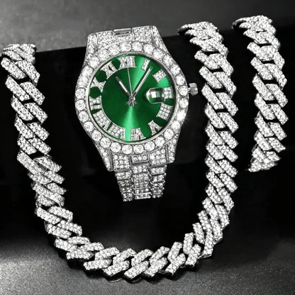 3/4PCS Hip Hop Iced Out Men's Watch Jewelry Set Luxury Rhinestone Quartz Wristwatch Cuban Link Chain Accessories（Without Box）