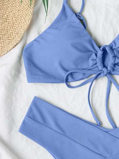 New High Elastic Bikini Set for 2025 Summer Two Pieces Solid Color Lace-up Sexy Women Swimsuit Beach Bathing Suit Swimwear