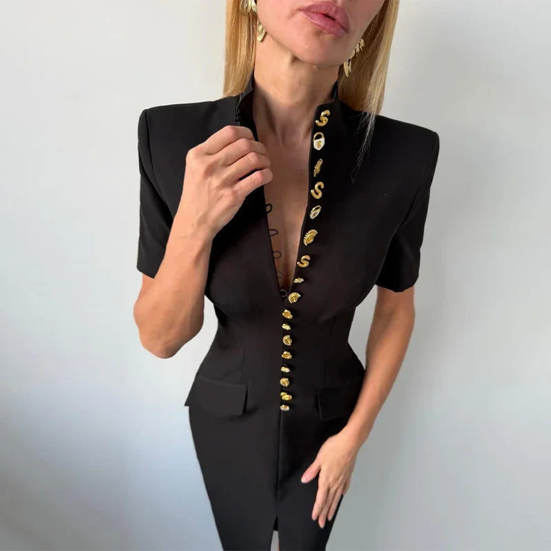 Chic Single Breasted Women's Dress Short Sleeve Slim Female Long Dresses 2026 Spring Summer Elegant Party Front Split Lady Robe