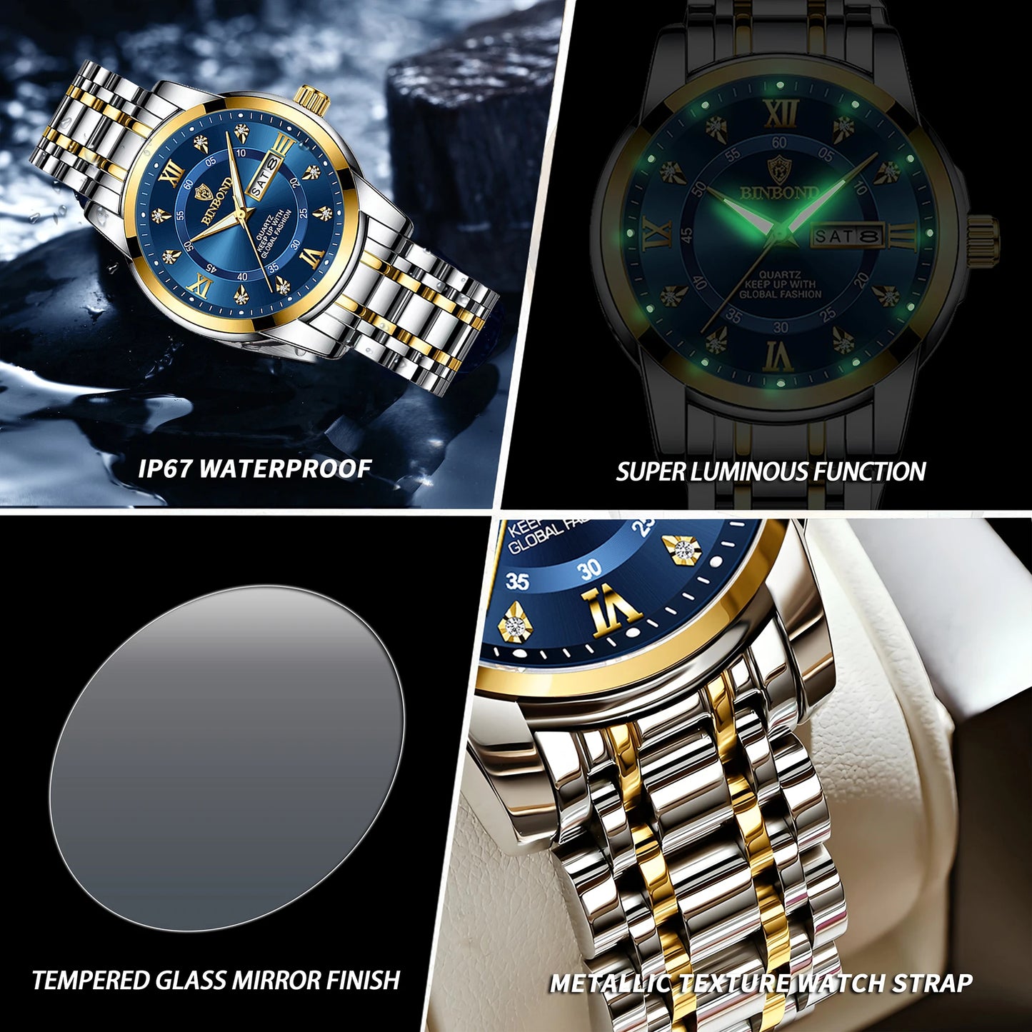 BINBOND Luxury quartz wristwatches luminous waterproof week auto date men's watch business sport clock fashion casual reloj